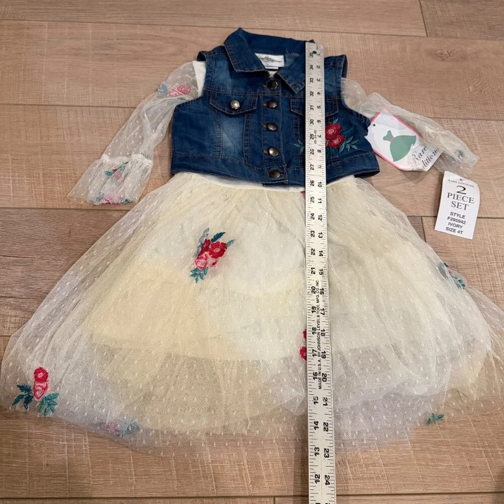 RARE EDITIONS GIRLS 4T DENIM & TULLE DRESS NEW FLORAL